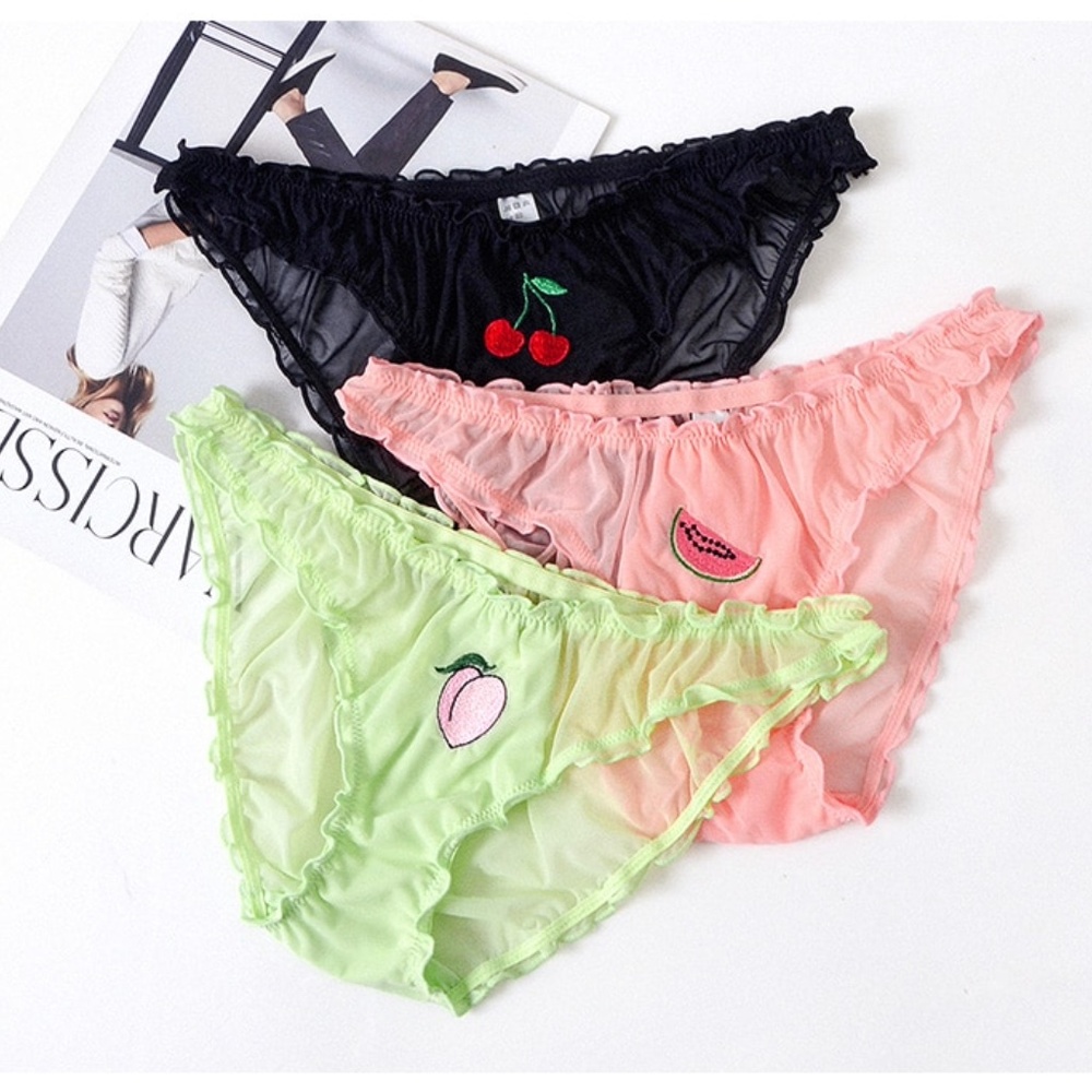 Pink Ruched Fruit Applique Mesh Sheer Panties - Picture 9 of 17